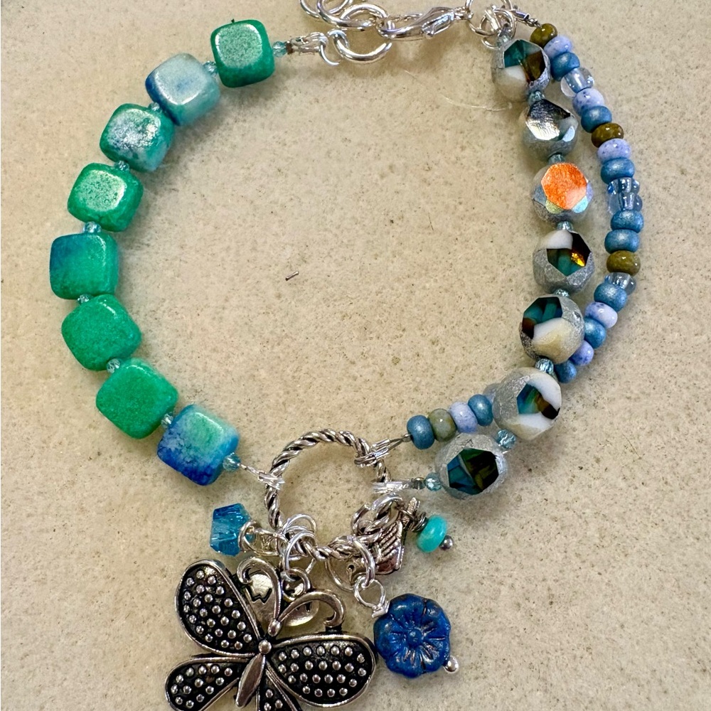 Chic Silver and Blue-Green Beaded Butterfly Bracelet